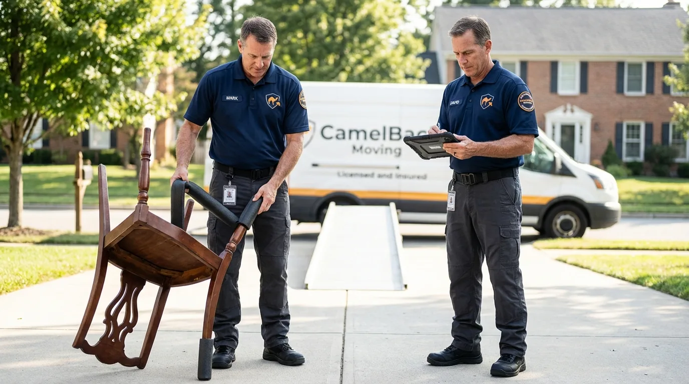 Movers inspecting furniture for damage prevention before loading in Claremont, CA
