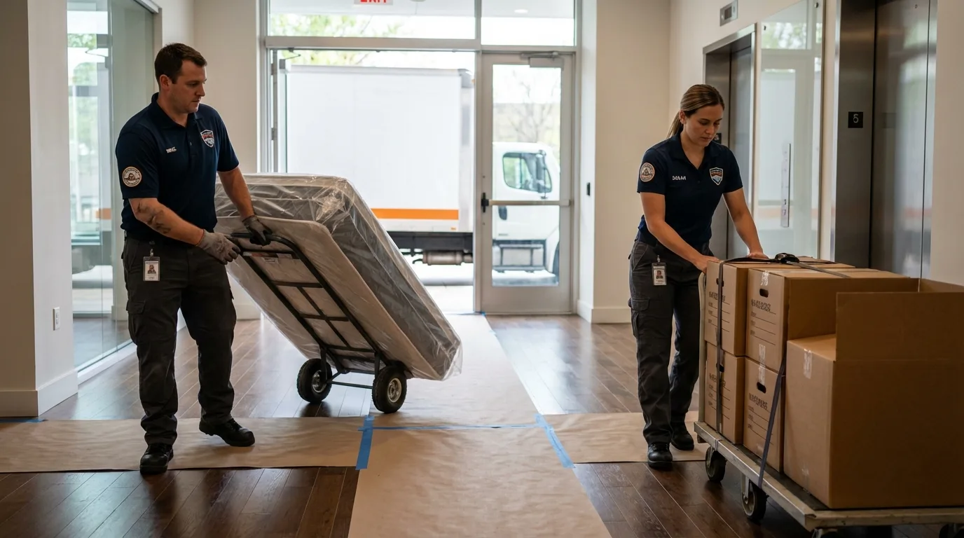 Professional apartment movers loading elevator in Claremont, CA